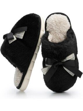 Women's Black Memory Foam Fuzzy Plush Cozy Shoes With Bow Comfortable Slippers
